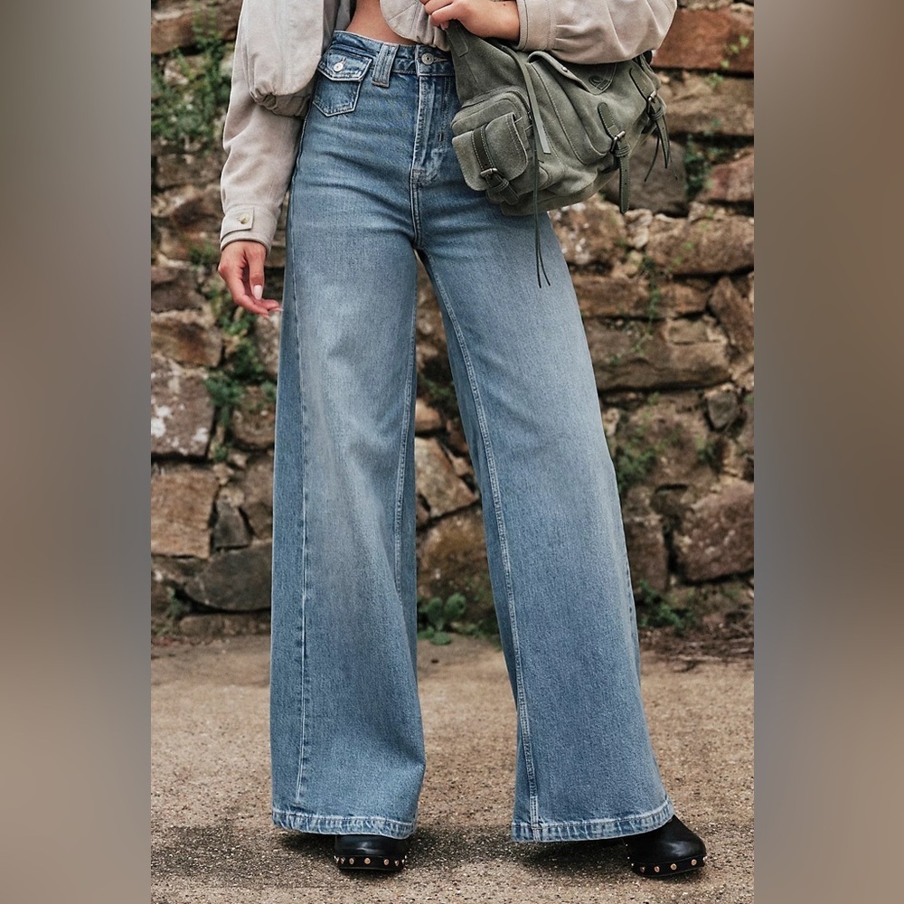 NEW NWT Free People Kellee High Rise Palazzo Jeans Plaza Blue 27 Wide Leg